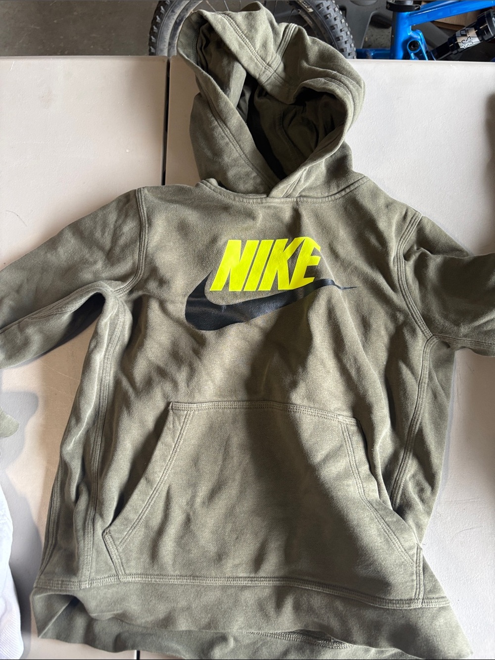 Nike Olive Green Hoodie with Neon Yellow and Black Logo